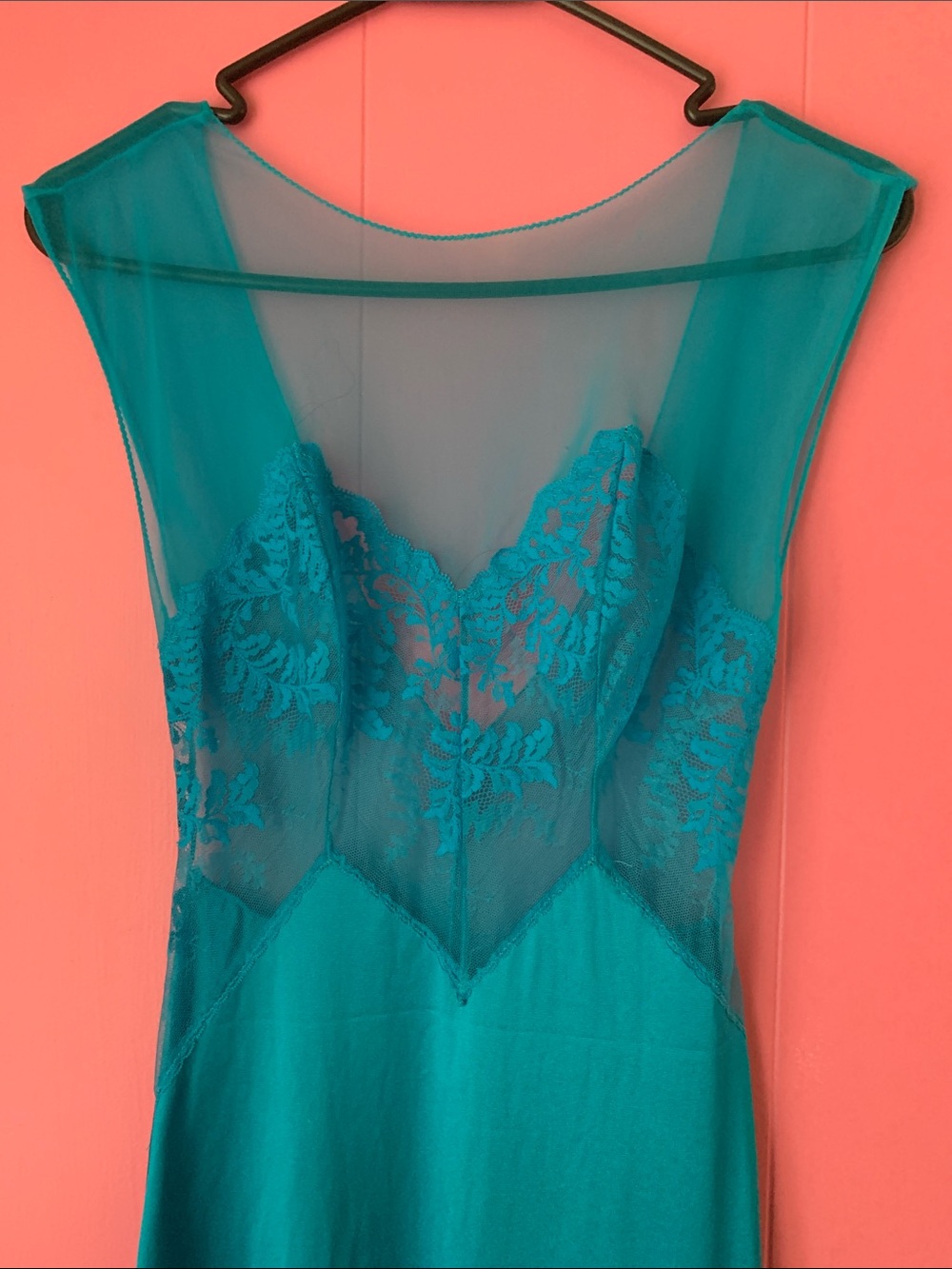 Vintage Voe Mode Sheer Lace Maxi Slip Dress - Teal Women’s Small